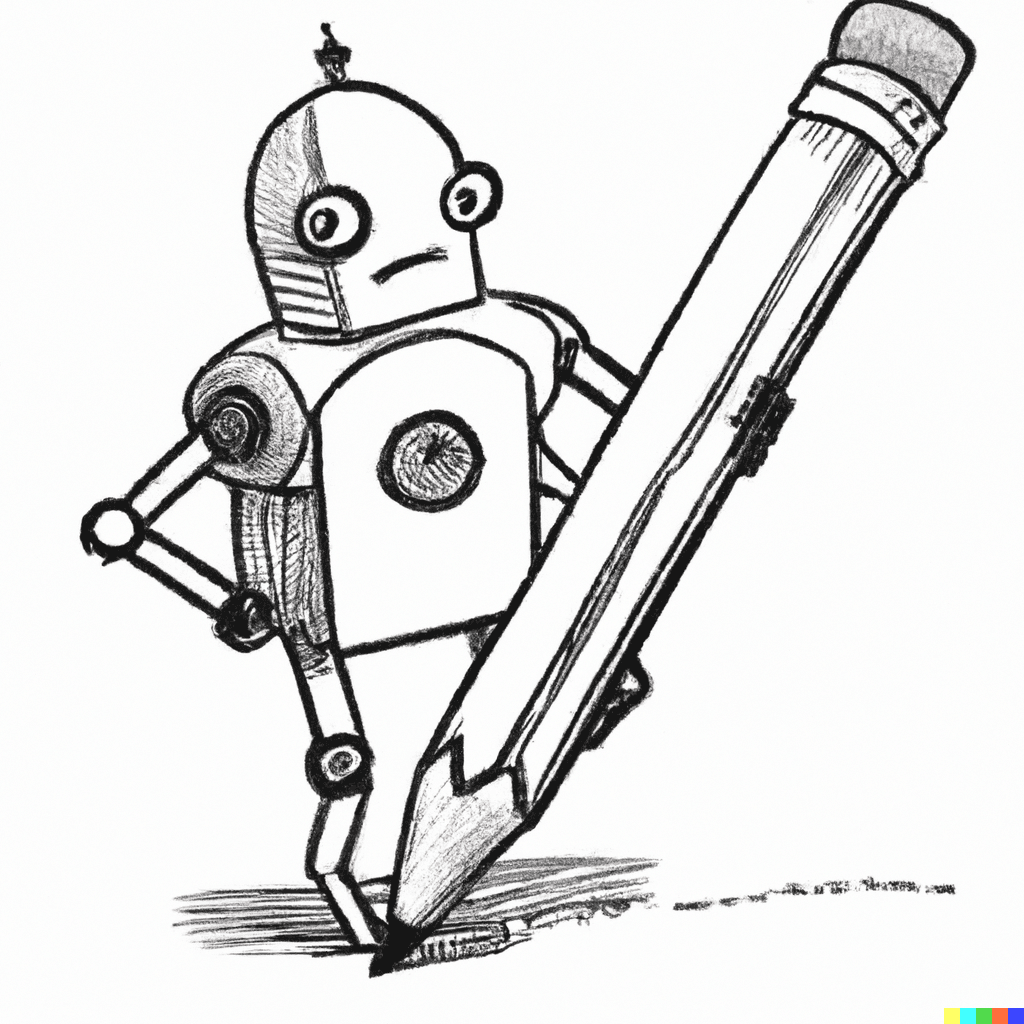 robot doodling with a pencil, comic style